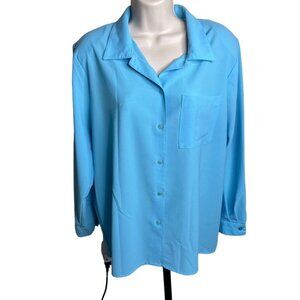 Womens Button Down Dress Blouse Lightweight Blue Top Plus Size 1X Shoulder Pads